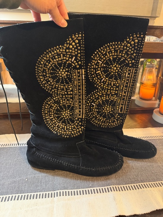 Jeffrey Campbell Shoes - Jeffrey Campbell Black Suede Lace-Up Boots with Gold Stud Embellishments